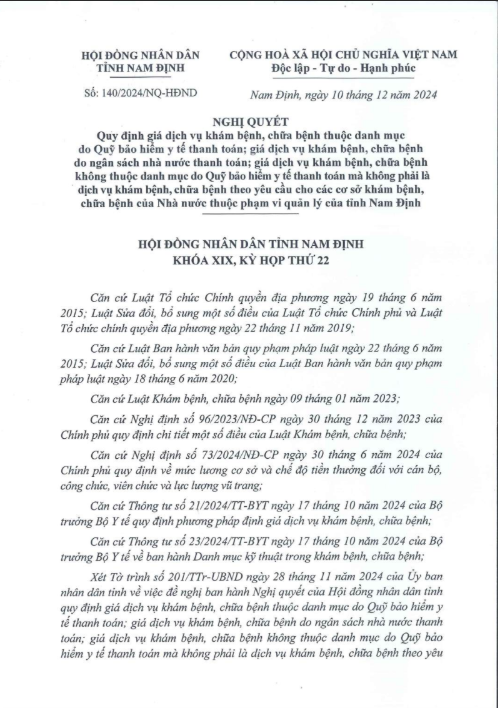 Nghị quyết 140/2024/NQ-HĐND: Quy định giá dịch vụ khám bệnh, chữa bệnh thuộc danh mục do Quỹ bảo hiểm y tế thanh toán.